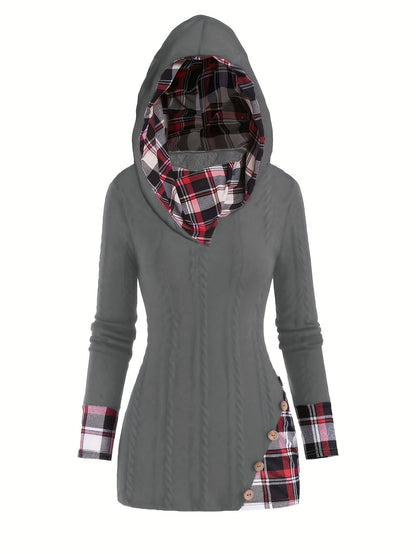 Plaid Splicing Button Decor Cable Hooded Sweater, Casual Long Sleeve Sweater, Women's Clothing