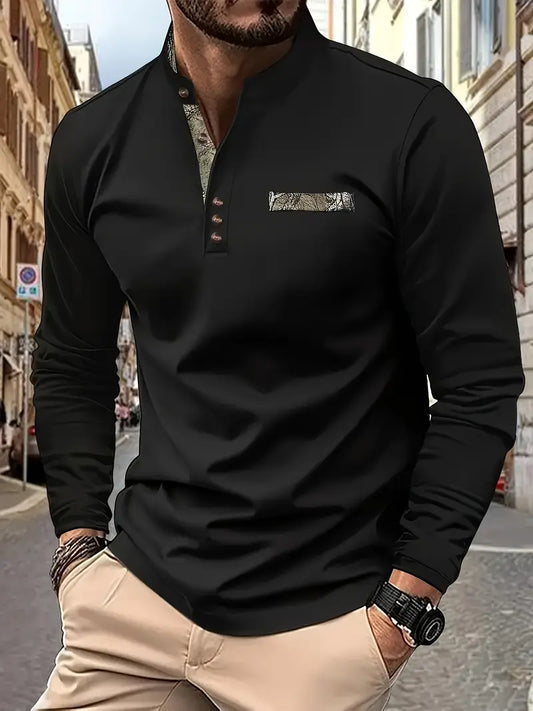 Men's Casual Henley Shirt with Stand Collar - Long Sleeve, Button Detail, Stretch Fabric, Perfect for Spring