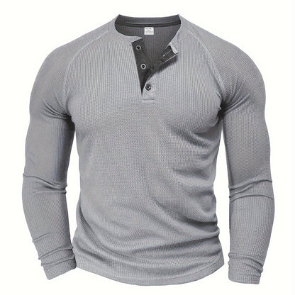 Men's Solid Henley Shirt, Long Sleeve, Crew Neck, Half Button