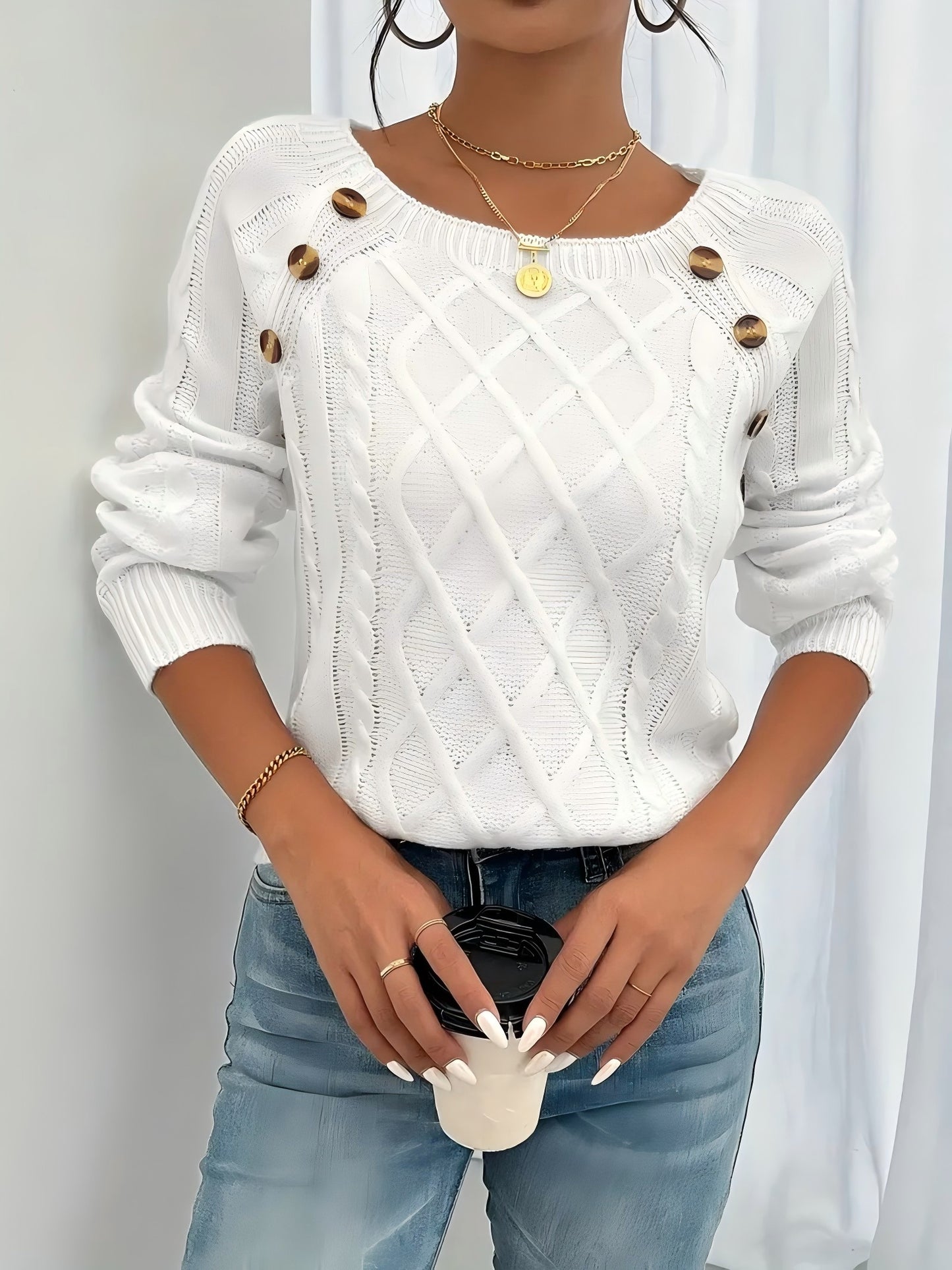 Women's Cable Knit Sweater - Button Long Sleeve, Crew Neck Pullover for Fall