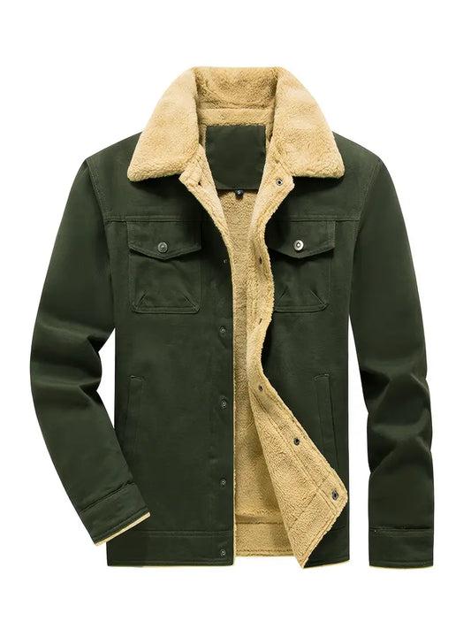 Men's Casual Cotton Jacket with Fleece Lining, Solid Color, All-Season