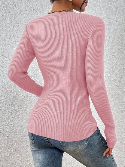 Women's V-Neck Knit Sweater, Button Detail, Fall/Winter