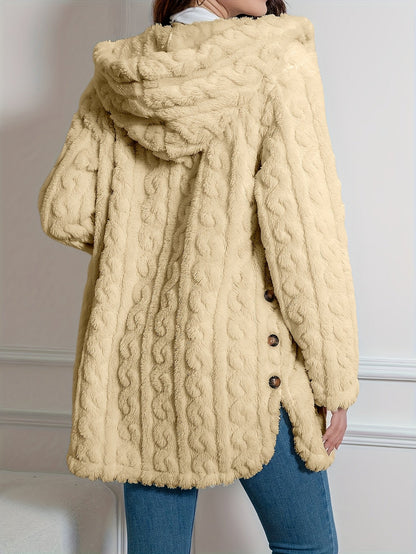 Elegant Knit Fur-Like Coat with Hood and Double Buttons - Adult Size - Spring/Autumn Season - Polyester Fiber Material