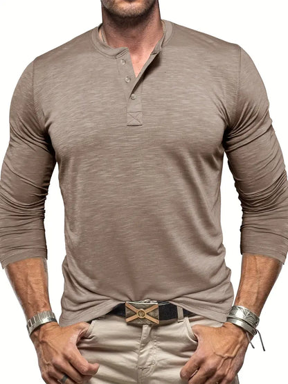 Men's Long Sleeve Henry Collar Bottoming T-shirt Three-Buckle Top