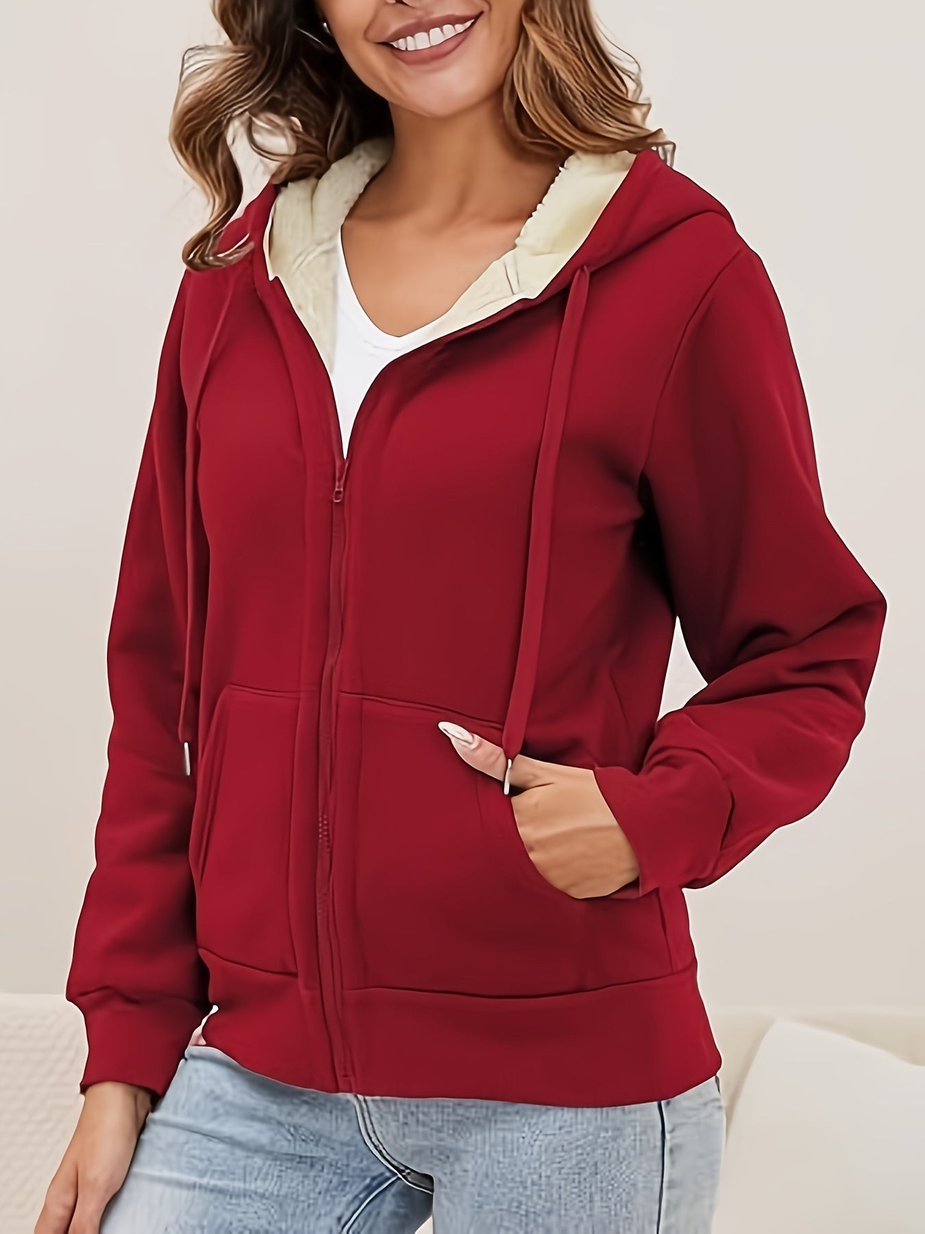 Sherpa Lined Hooded Zip-up Sweatshirt, Warm Fleece Jacket for Women