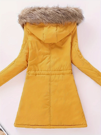 Winter Warmth Hooded Jacket - Thick Fleece-Lined, Zip-Up, Casual Cargo Style with Large Fur Collar, Machine Washable