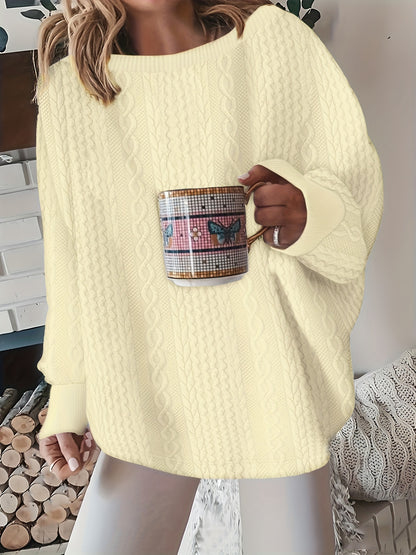 Cable Knit Pullover Sweatshirt, Elegant Loose Long Sleeve Crew Neck Sweatshirt For Fall & Winter, Women's Clothing