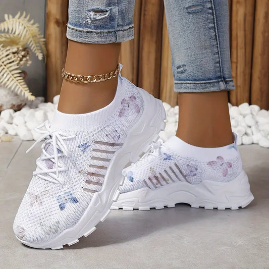 Women's Butterfly Pattern Sneakers, Casual Lace Up Outdoor Shoes, Breathable Knit Low Top Shoes plus size