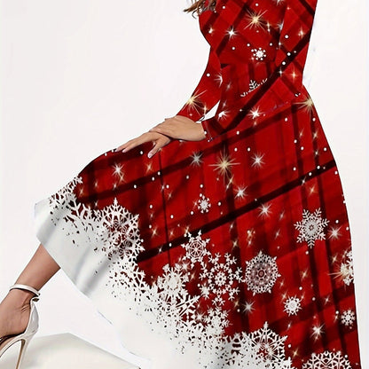 Christmas Print Long Sleeve Midi Dress, Crew Neck for Fall & Winter.