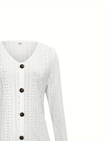 Eyelet Button Front T-Shirt, Casual V-Neck, Long Sleeve for Spring & Fall.