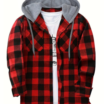 Plaid Shirt Coat For Men Long Sleeve Casual Regular Fit Button Up Hooded Shirts Jacket