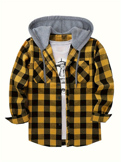 Plaid Shirt Coat For Men Long Sleeve Casual Regular Fit Button Up Hooded Shirts Jacket