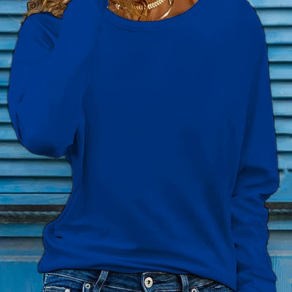 Solid Color T-shirt, Long Sleeve Crew Neck, Casual Top for Fall & Spring.