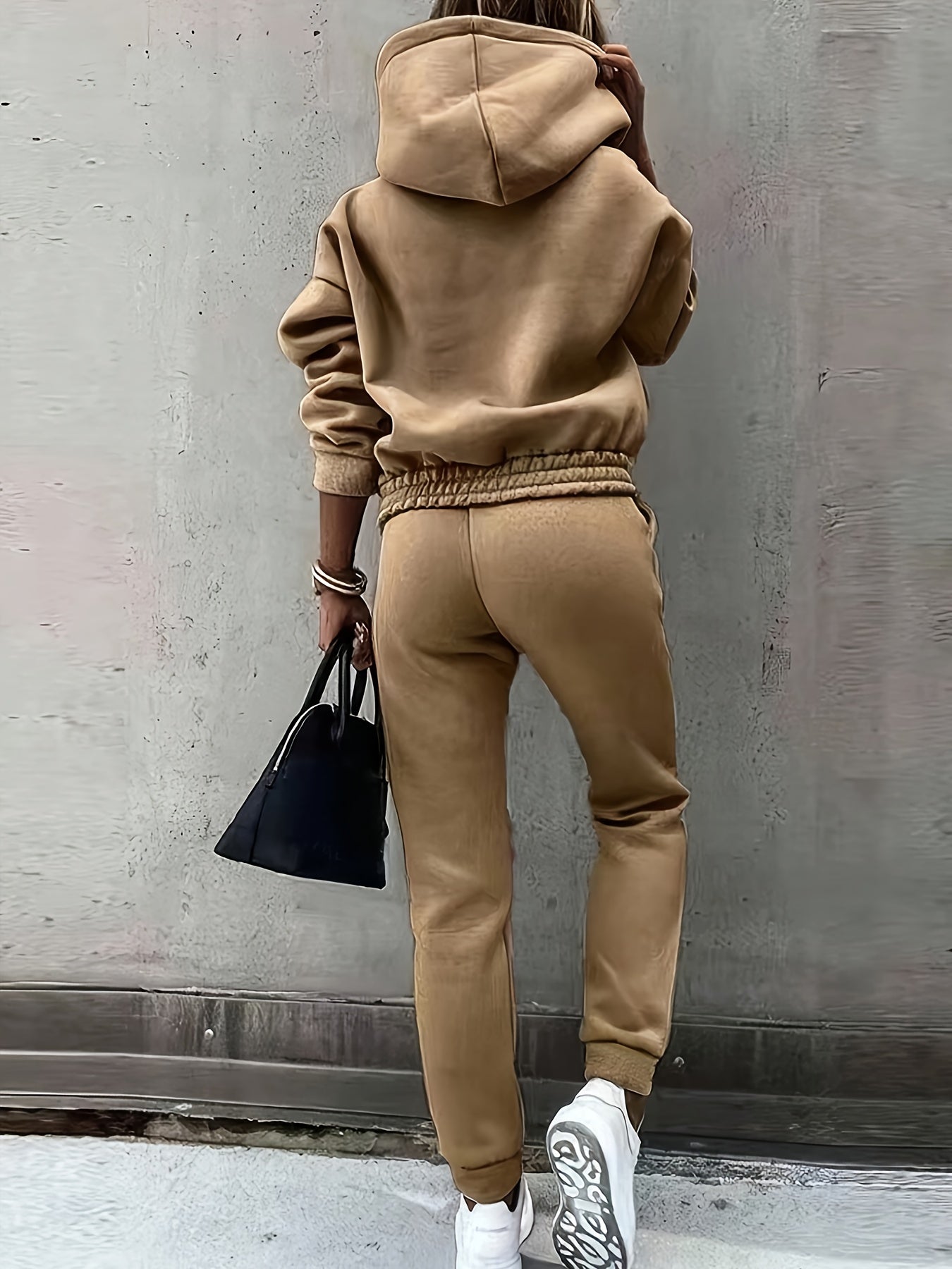 Casual Solid Color Sweatpants Set, Long Sleeve Hoodie Sweatshirt & Drawstring Jogger Pants Outfits, Women's Clothing