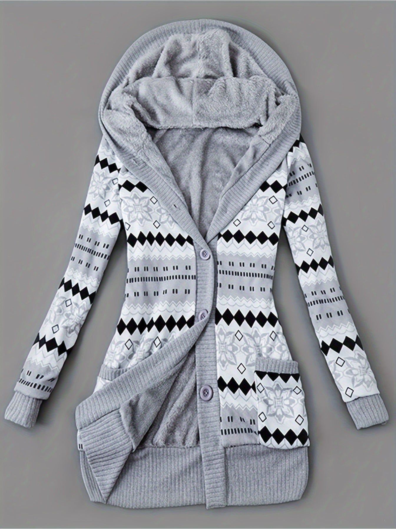 Geometric Print Fleece Lined Hoodie Jacket for Women, Casual Mid-Length