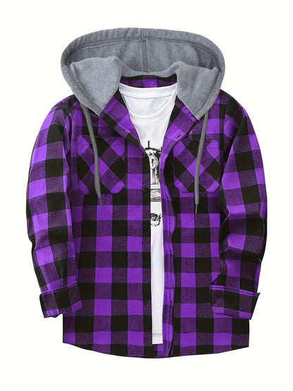 Plaid Shirt Coat For Men Long Sleeve Casual Regular Fit Button Up Hooded Shirts Jacket