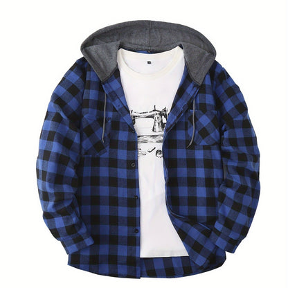 Plaid Shirt Coat For Men Long Sleeve Casual Regular Fit Button Up Hooded Shirts Jacket