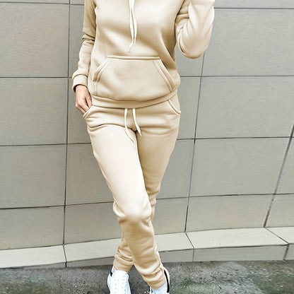 Casual Solid Two-piece Set, Kangaroo Pocket Hoodie & Drawstring Pants Outfits, Women's Clothing