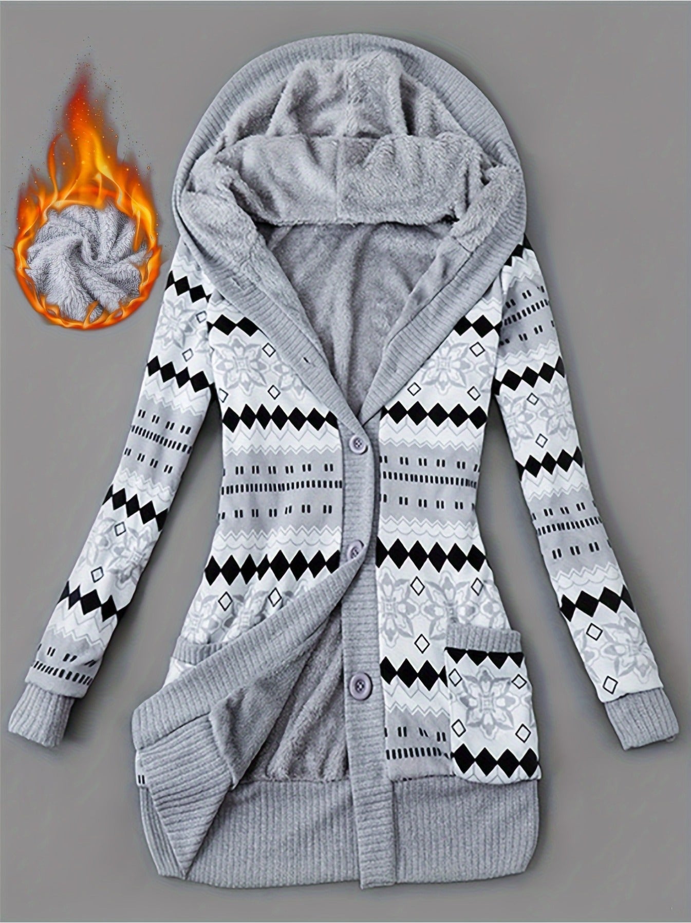 Geometric Print Fleece Lined Hoodie Jacket for Women, Casual Mid-Length