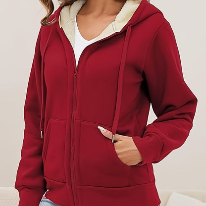 Sherpa Lined Hooded Zip-up Sweatshirt, Warm Fleece Jacket for Women