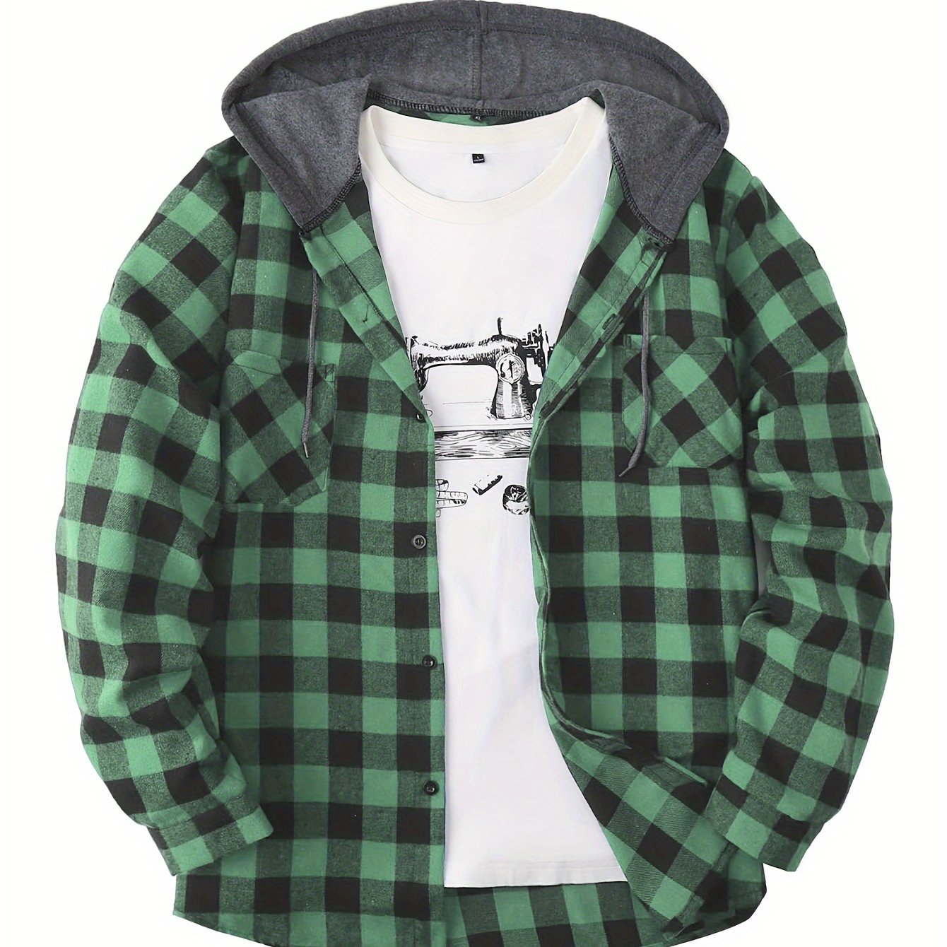 Plaid Shirt Coat For Men Long Sleeve Casual Regular Fit Button Up Hooded Shirts Jacket