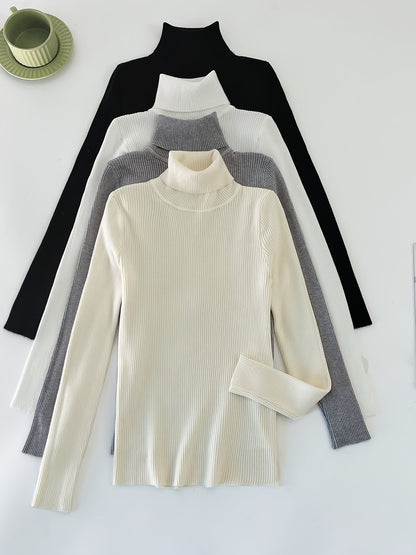 Solid Turtle Neck Rib Knit Top 4 Pack, Casual Long Sleeve Slim Versatile Sweater, Women's Clothing