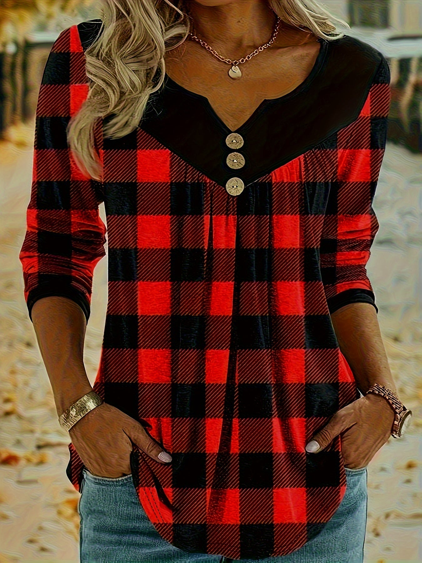 Plaid V-Neck T-Shirt for Women, Boho Style, Long Sleeves.