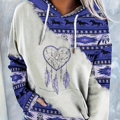 1pc Vintage Bohemian Dreamcatcher Print Women'S Hoodie, Casual Round Neck Pullover with Drawstring, Polyester Knit Fabric, Geometric Pattern, All Seasons