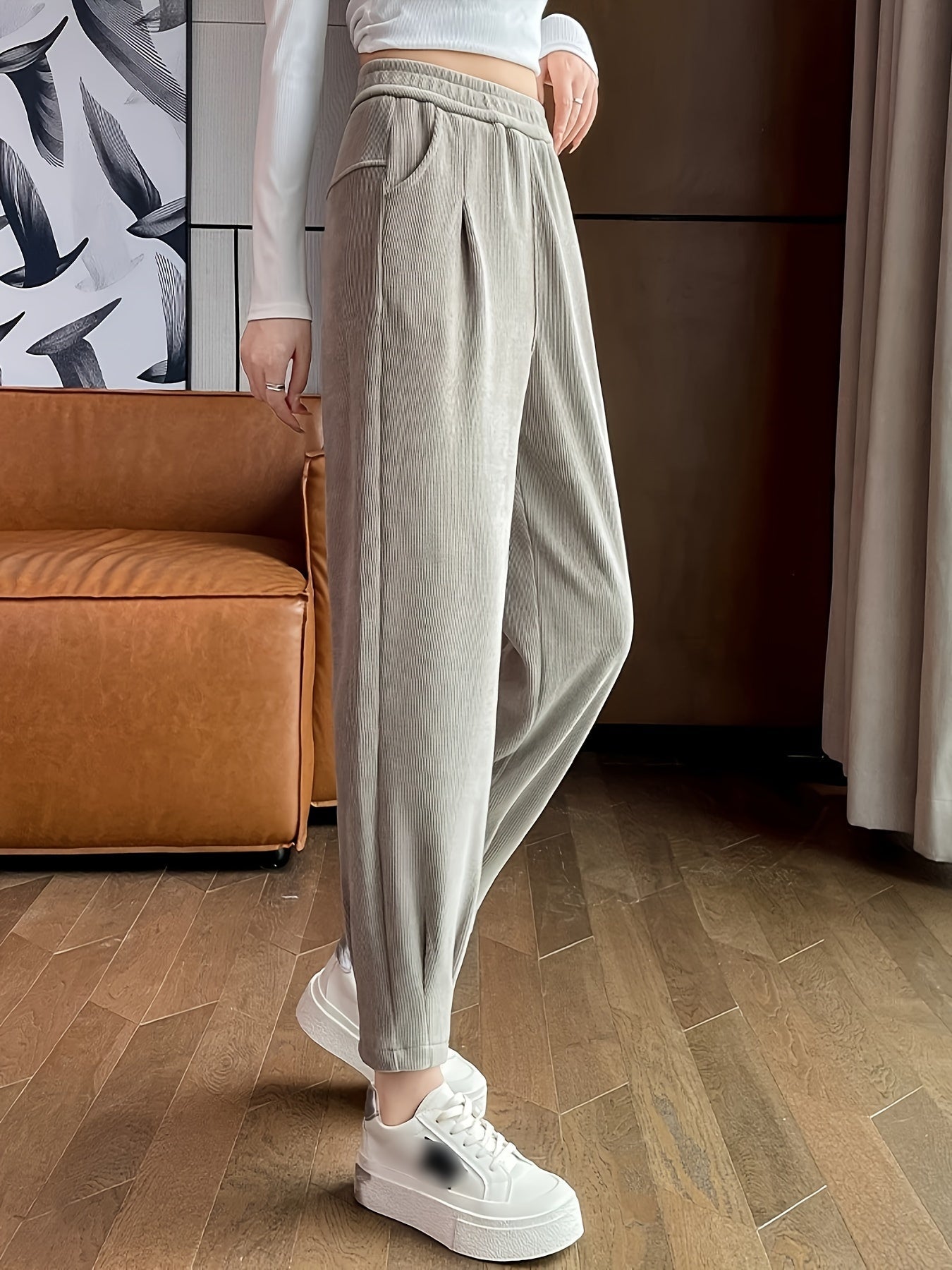 Cozy Fleece-Lined Chenille Joggers for Women - Casual White Sweatpants with Elastic Waist, Perfect for Fall/Winter