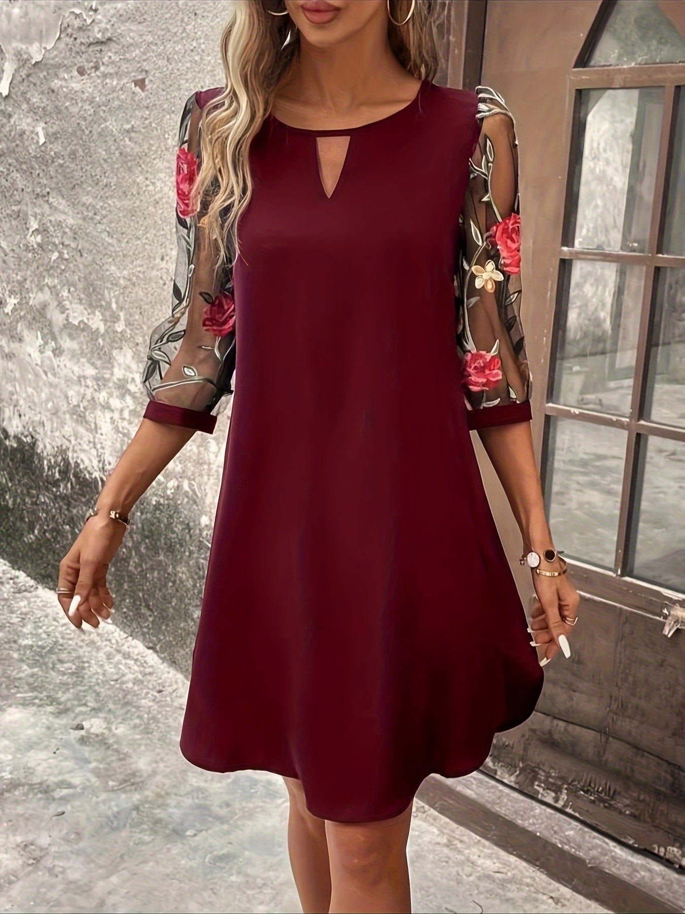 Floral Dress, Three-Quarter Illusion Sleeves, Keyhole Neck, Loose Fit.