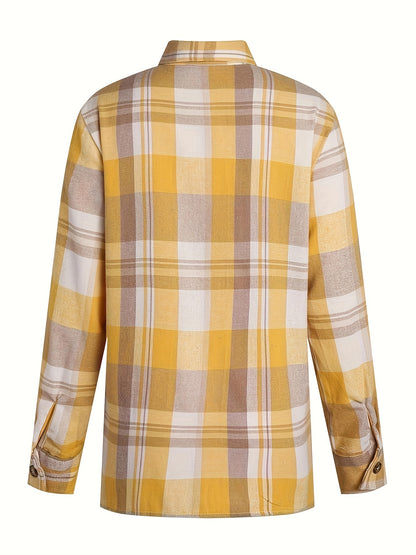 Plaid Print Button-Front Shirt, Casual Long Sleeve, Women's Apparel