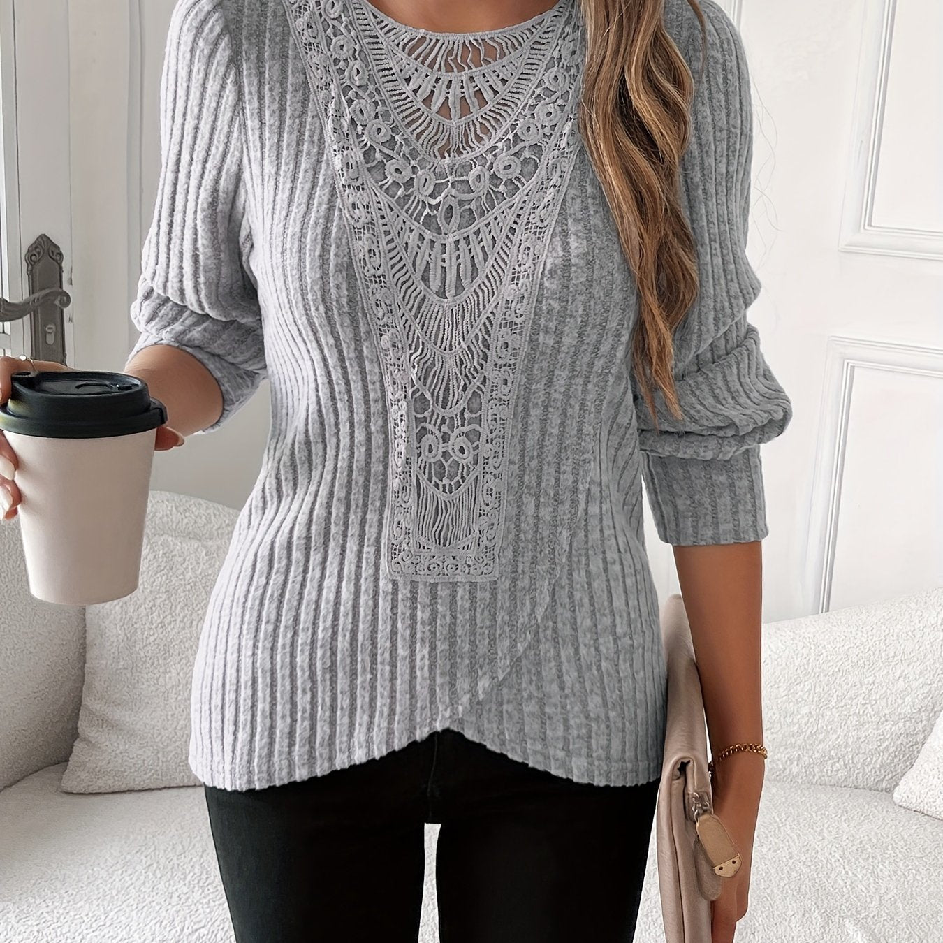 Lace Splicing Crew Neck T-shirt, Long Sleeve Cross Front Top.