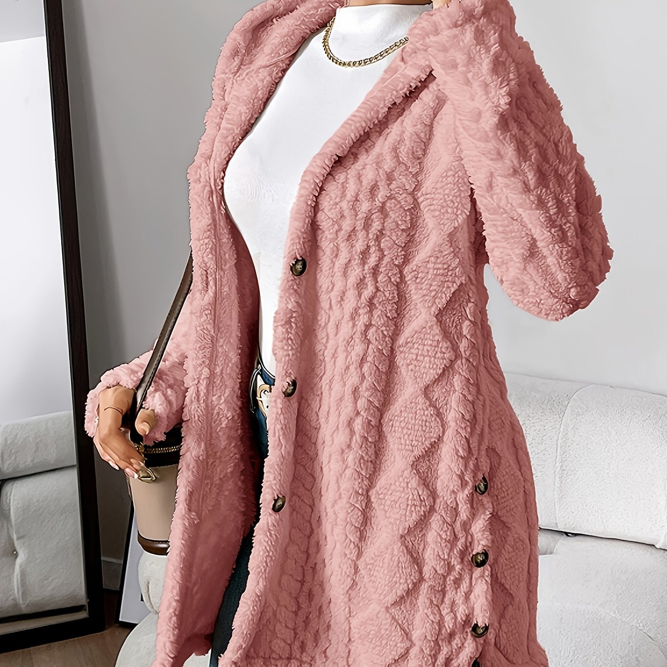 Beige Quilted Faux Fur Hooded Cardigan, Cozy Button Front Outerwear