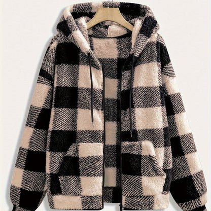 Women'S Casual Plaid Zippered Hooded Coat, 95% Polyester 5% Elastane, Knit Fabric, Fall/Winter Fashion Outerwear