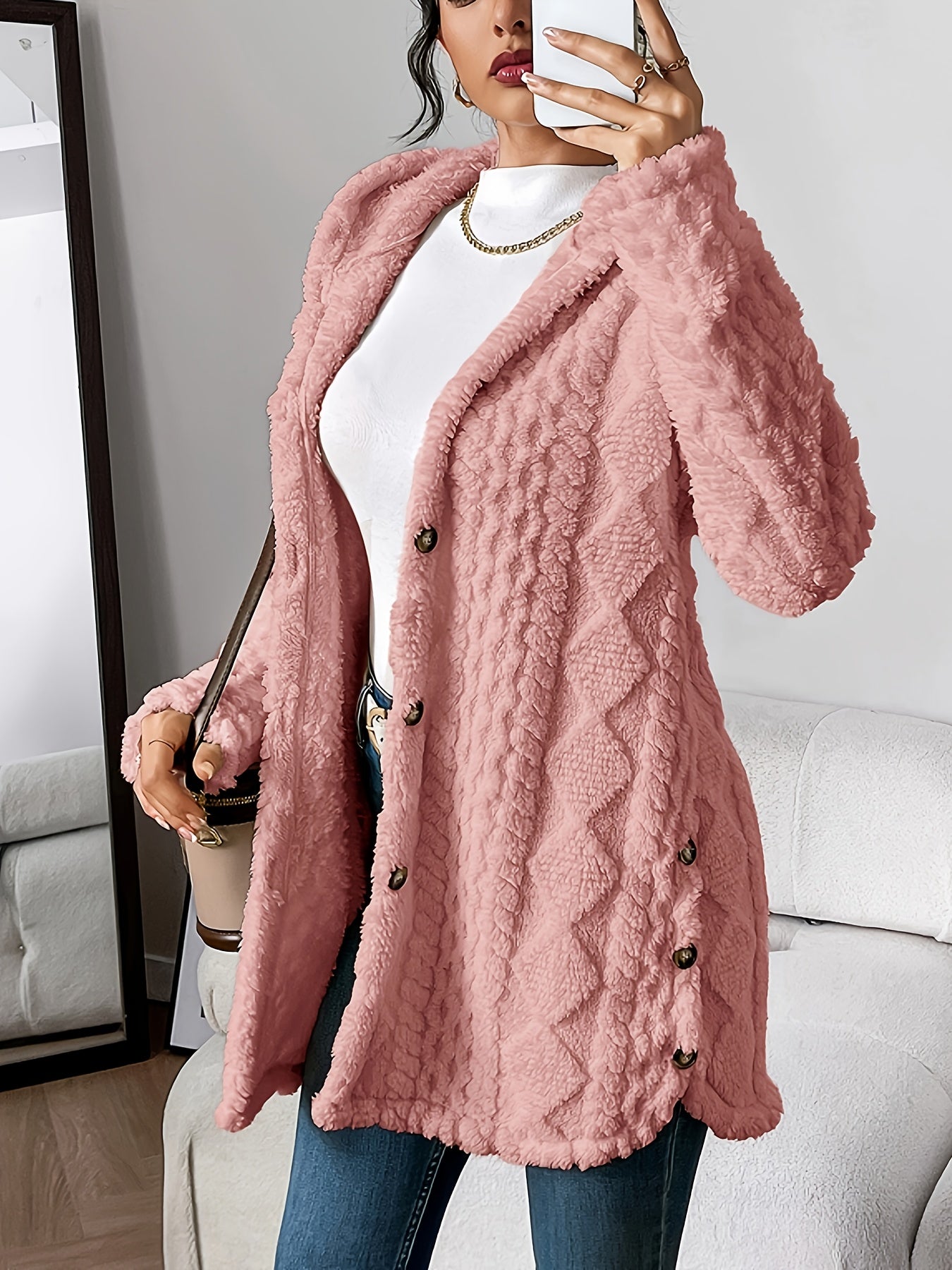 Beige Quilted Faux Fur Hooded Cardigan, Cozy Button Front Outerwear