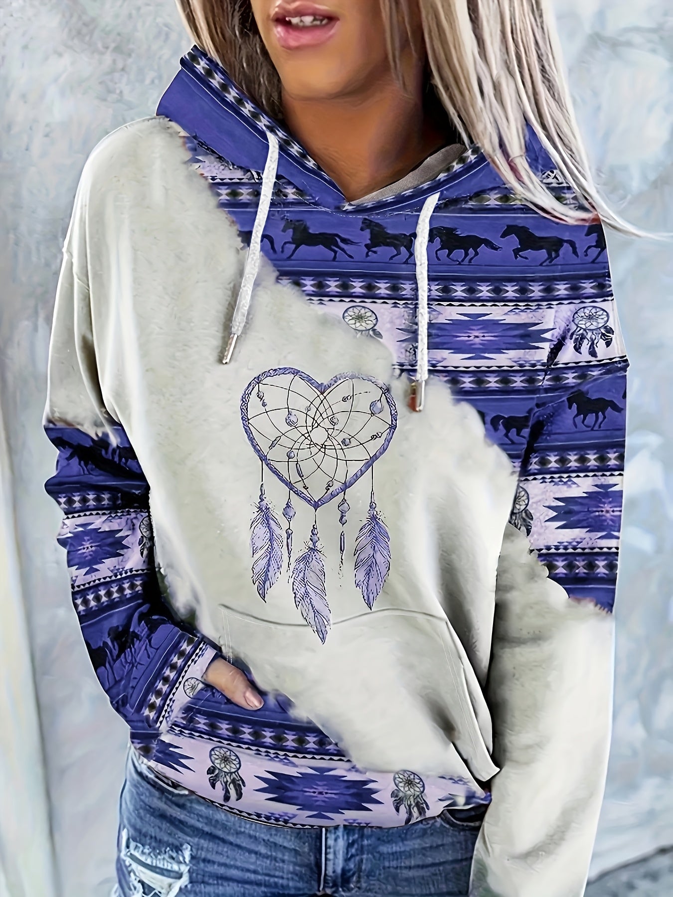 1pc Vintage Bohemian Dreamcatcher Print Women'S Hoodie, Casual Round Neck Pullover with Drawstring, Polyester Knit Fabric, Geometric Pattern, All Seasons