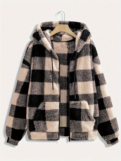 Women'S Casual Plaid Zippered Hooded Coat, 95% Polyester 5% Elastane, Knit Fabric, Fall/Winter Fashion Outerwear