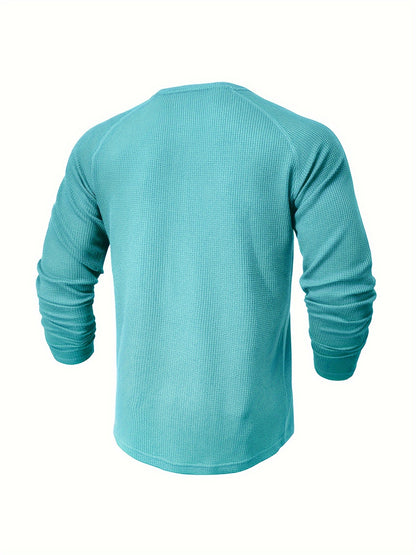 Men's Solid Henley Shirt, Long Sleeve, Crew Neck, Half Button