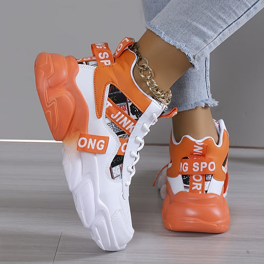 Women's Colorblock Casual Sneakers, Lace Up Comfy Breathable High-top Trainers, Platform Basketball Shoes plus size