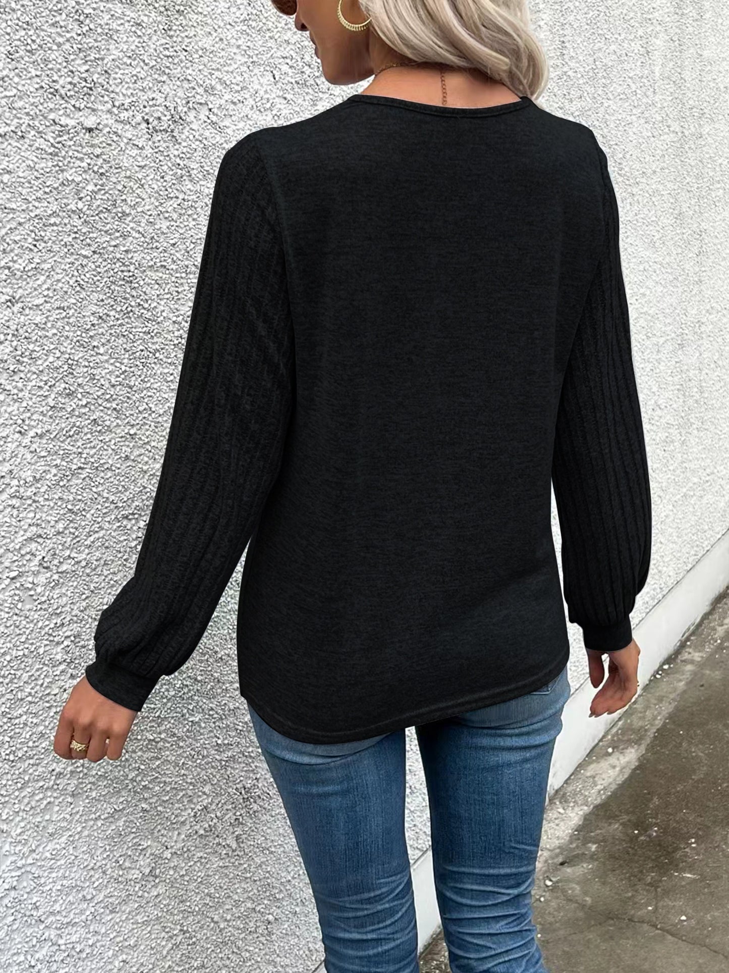 Solid Ribbed V-Neck Long Sleeve T-Shirt, Elegant and Comfortable.