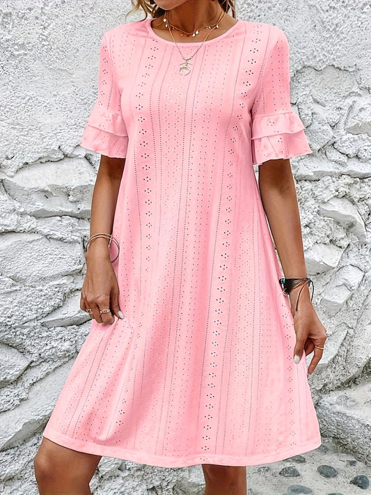 Eyelet Embroidered Crew Neck Dress, Casual Ruffle Sleeve for Spring/Summer.