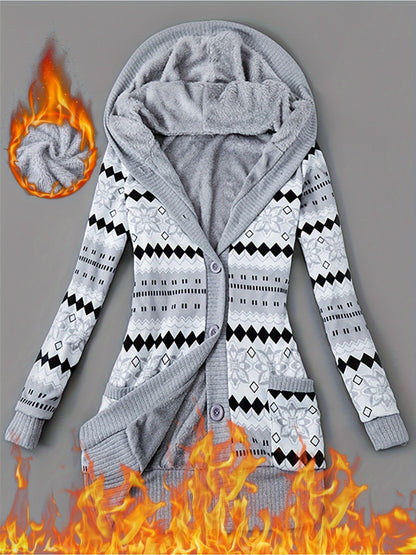 Geometric Print Fleece Lined Hoodie Jacket for Women, Casual Mid-Length