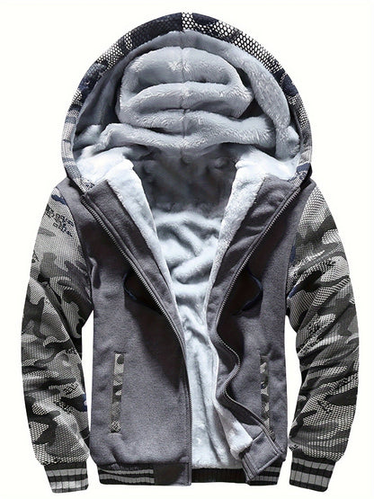 Men's Fleece Hooded Jacket, Casual Color Block Coat for Fall/Winter