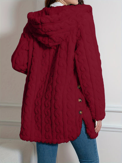 Elegant Knit Fur-Like Coat with Hood and Double Buttons - Adult Size - Spring/Autumn Season - Polyester Fiber Material