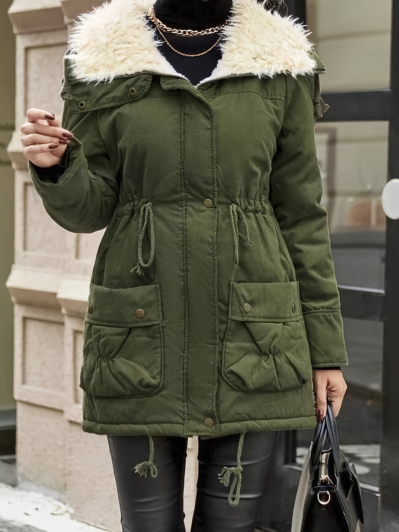 Women'S Casual Midi Long Sleeve Parka Coat with Drawstring, Solid Color Polyester 100% Woven Jacket, Regular Fit Winter Warm Outwear with Pockets