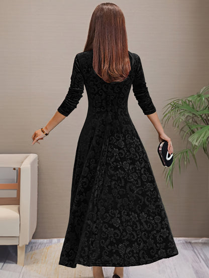 Solid Long Sleeve V-Neck Flared Dress, Elegant Spring/Fall Style.