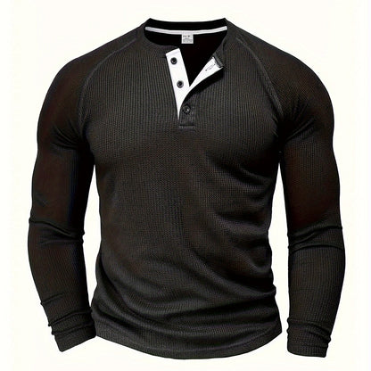 Men's Solid Henley Shirt, Long Sleeve, Crew Neck, Half Button