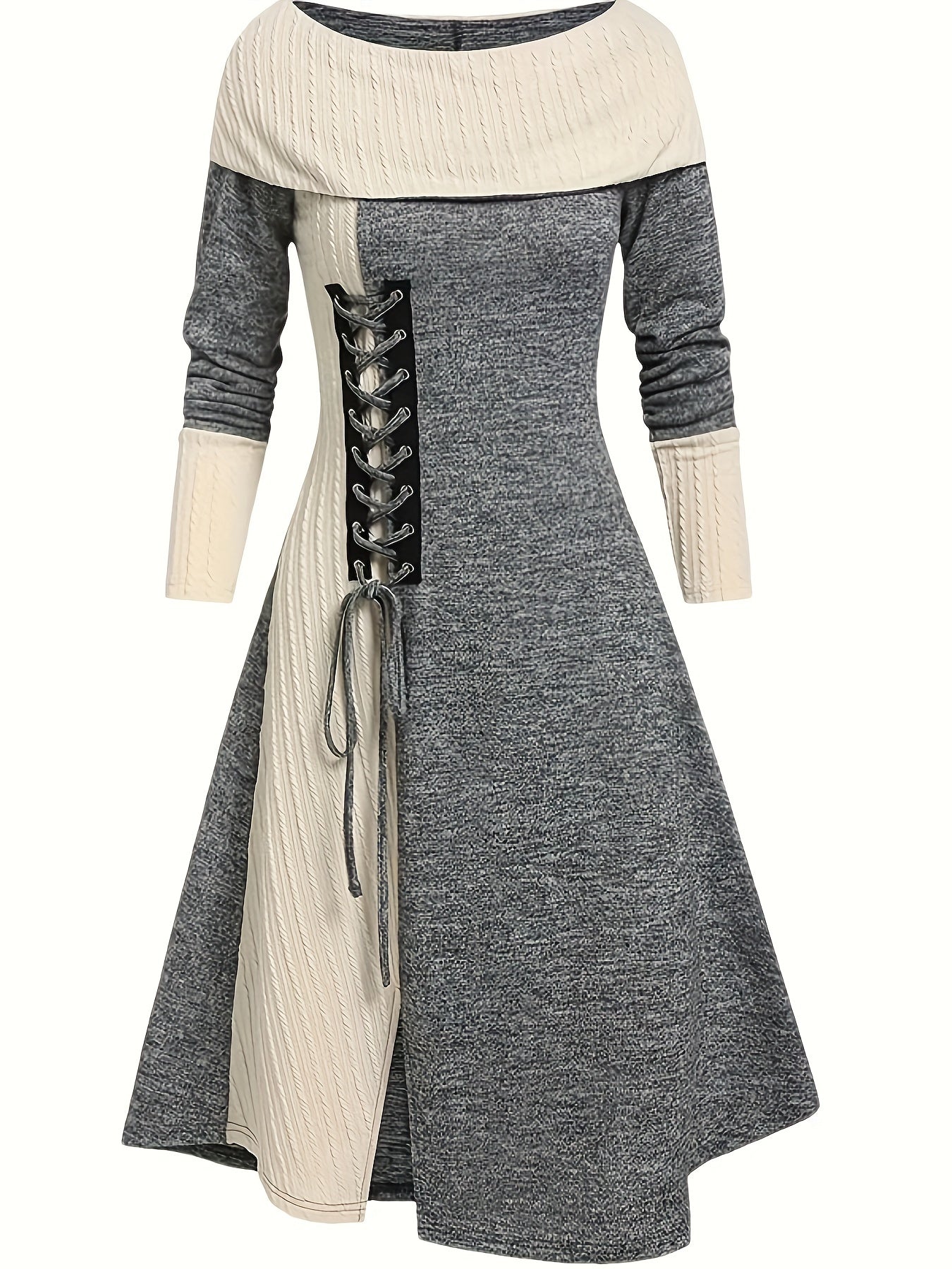 Striped Collar Knit Dress with Lace-up Detail, A-Line Fit.