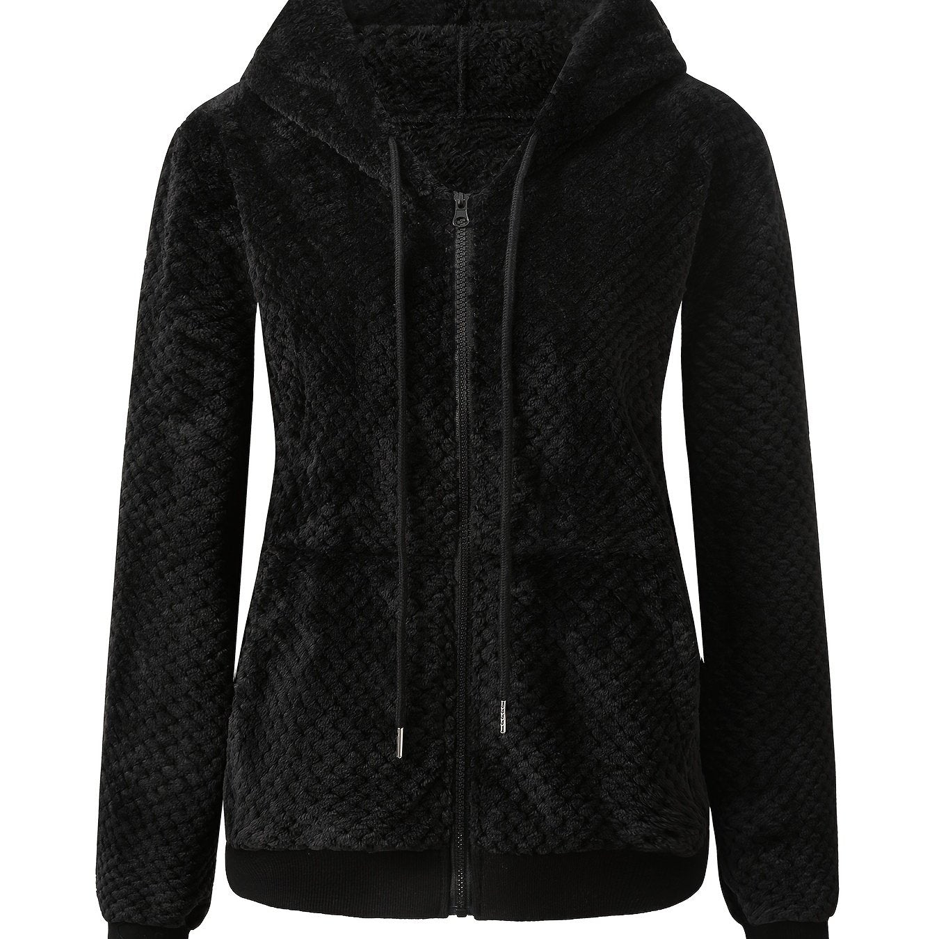 1pc Elegant Women'S Casual Fleece Hooded Jacket with Zipper Detail - Solid Color Long Sleeve Teddy Coat for Fall/Winter, Non-Stretch Knit Fabric, Regular Fit Hooded Outerwear