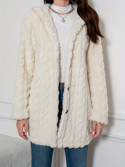 Elegant Knit Fur-Like Coat with Hood and Double Buttons - Adult Size - Spring/Autumn Season - Polyester Fiber Material